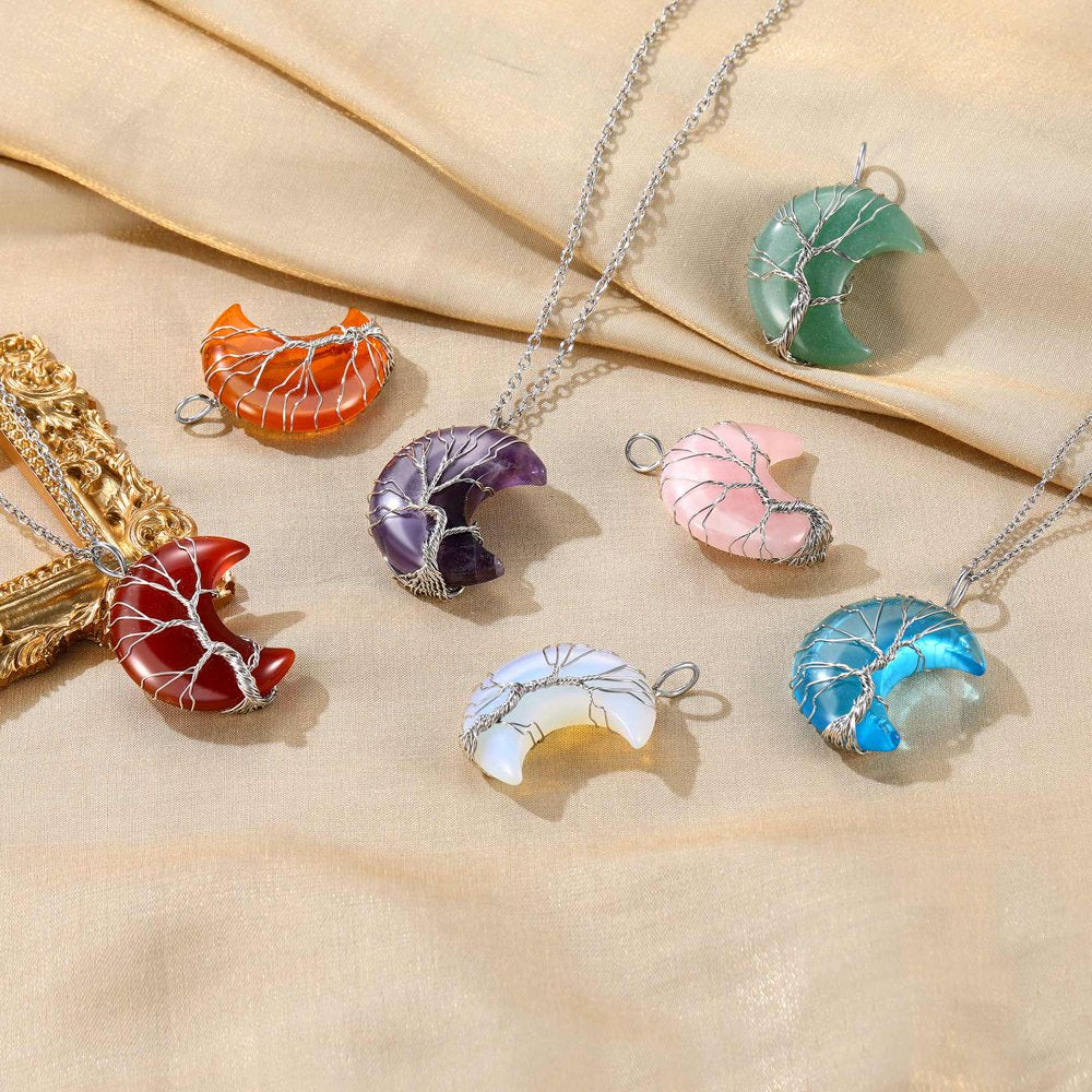 Tree of Life Crescent Moon Necklace Nature Amethyst Gemstones Healing Crystal Necklaces February Birthstone Pendant for Women Gilrs