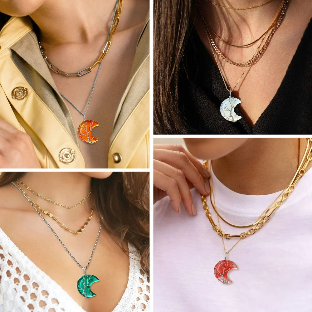 Tree of Life Crescent Moon Necklace Nature Amethyst Gemstones Healing Crystal Necklaces February Birthstone Pendant for Women Gilrs