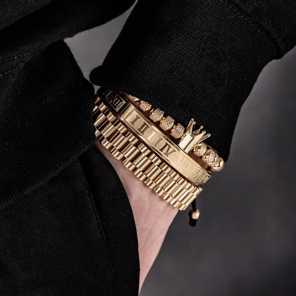 GZ Ice presents Luxury Crown Roman Numeral Trendy Hip Hop Bracelet/Band Set