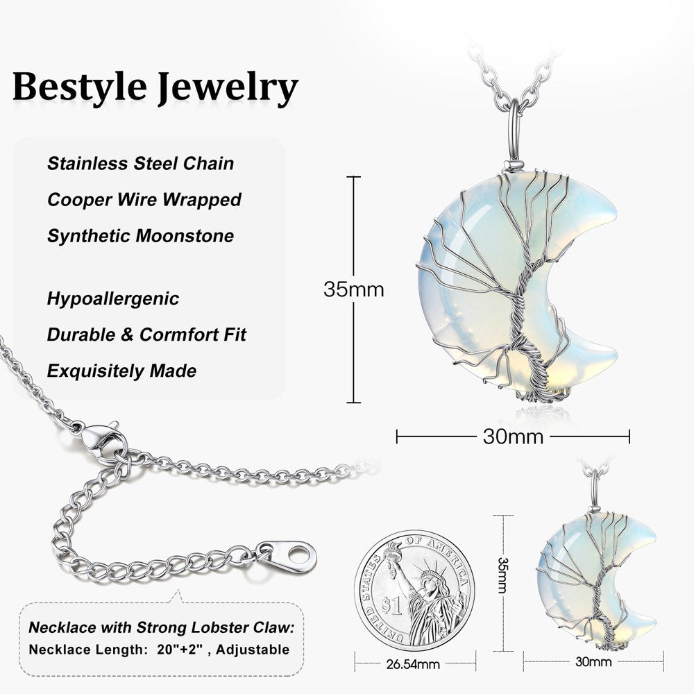 Tree of Life Crescent Moon Necklace Nature Amethyst Gemstones Healing Crystal Necklaces February Birthstone Pendant for Women Gilrs