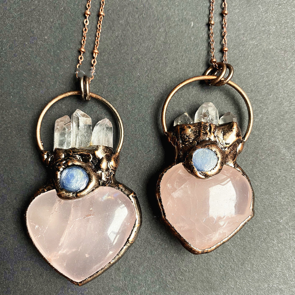 GZ Ice presents these Beautiful Natural Crystal Heart-shaped Rose Quartz with White Quartz pillars and Aquamarine inset