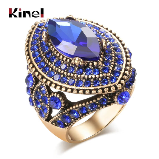 GZ Ice presents Kinel New Luxury Antique Ring For Women Vintage Look AAA Blue Crystal Boho Jewelry Gold Color Charm Ethnic Ring