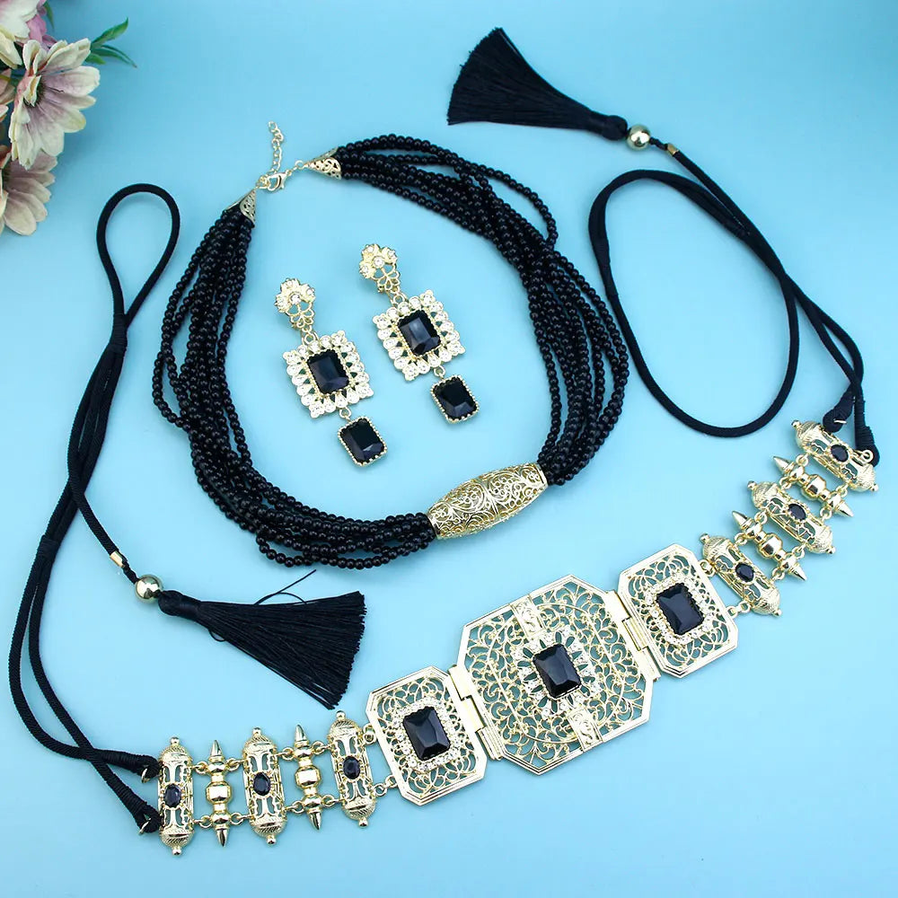 GZ Ice presents Trendy Arabic Caftan Belt Set: Rope, Tassels, Chain, Beads, Choker Necklace, Square Crystal Earrings