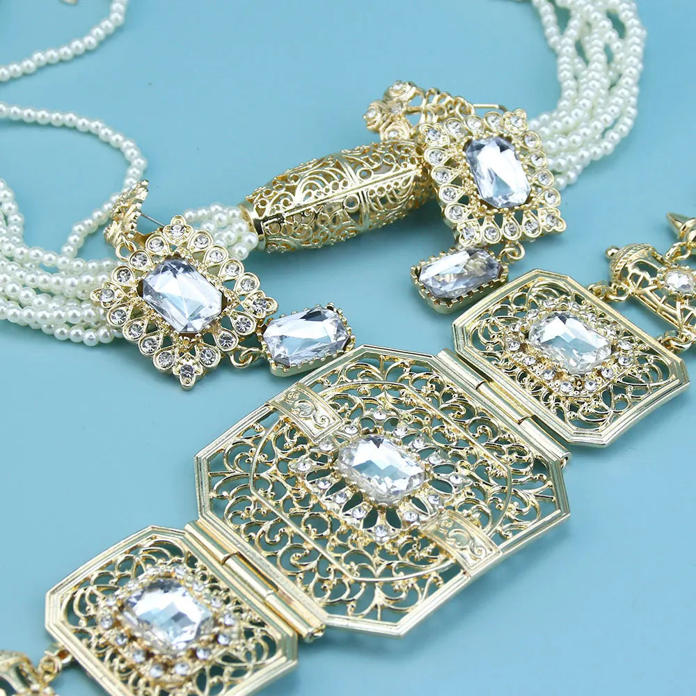 GZ Ice presents Trendy Arabic Caftan Belt Set: Rope, Tassels, Chain, Beads, Choker Necklace, Square Crystal Earrings