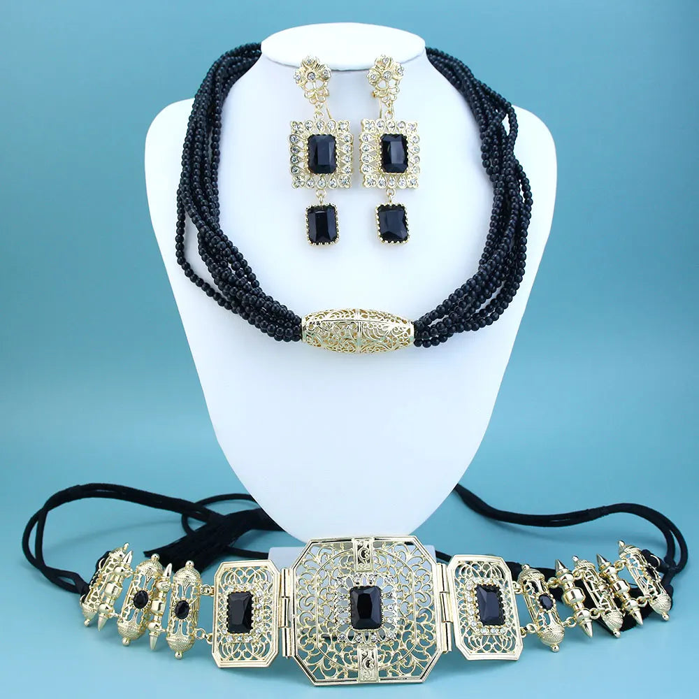 GZ Ice presents Trendy Arabic Caftan Belt Set: Rope, Tassels, Chain, Beads, Choker Necklace, Square Crystal Earrings