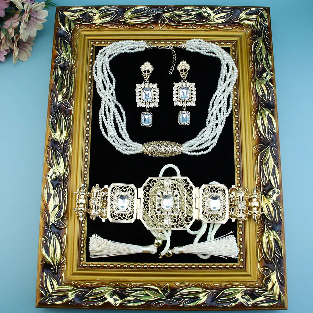 GZ Ice presents Trendy Arabic Caftan Belt Set: Rope, Tassels, Chain, Beads, Choker Necklace, Square Crystal Earrings